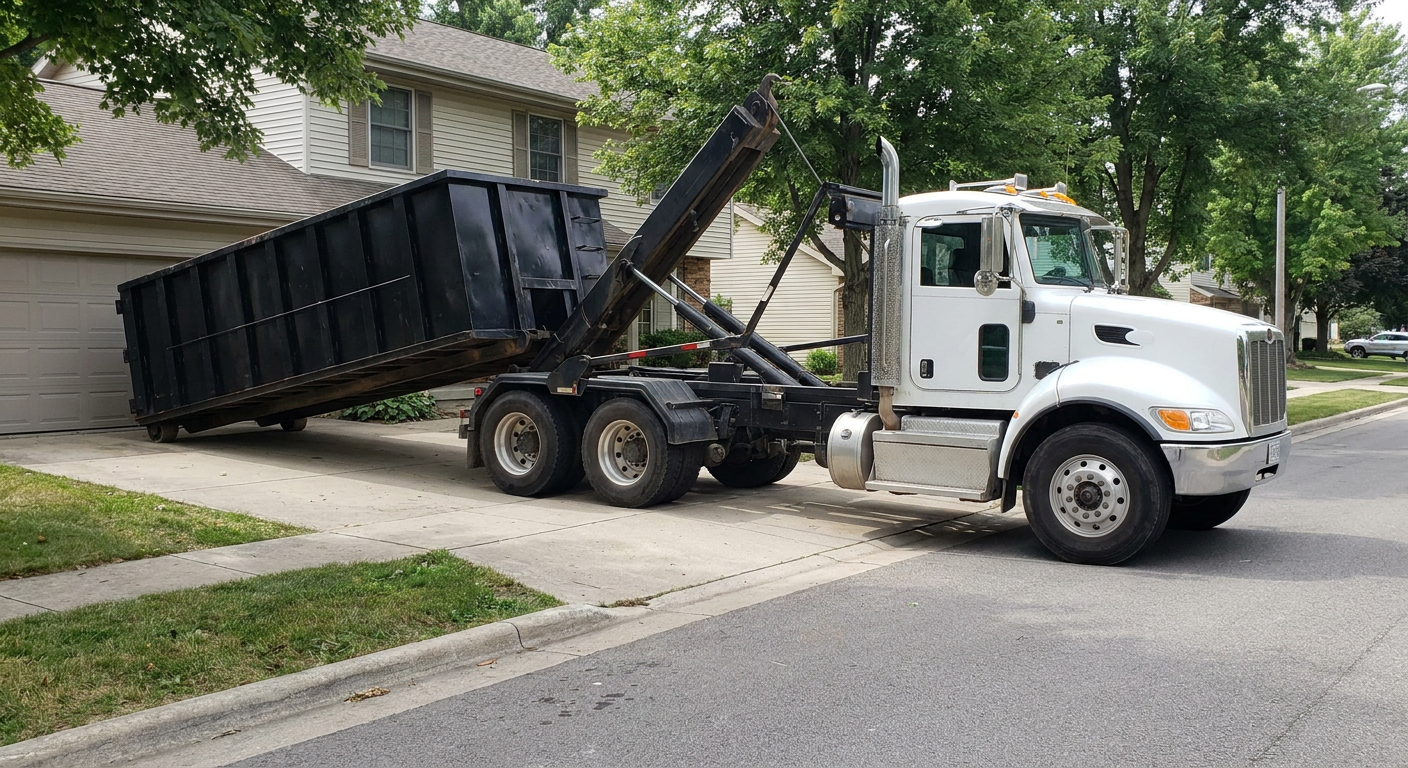 White-cab hooklift roll-off truck actively lowering a matte-black dumpster onto a Escondido residential concrete driveway, the dumpster's rear wheels touching the driveway as the hoist arm tilts the bed forward, mid-morning daylight.