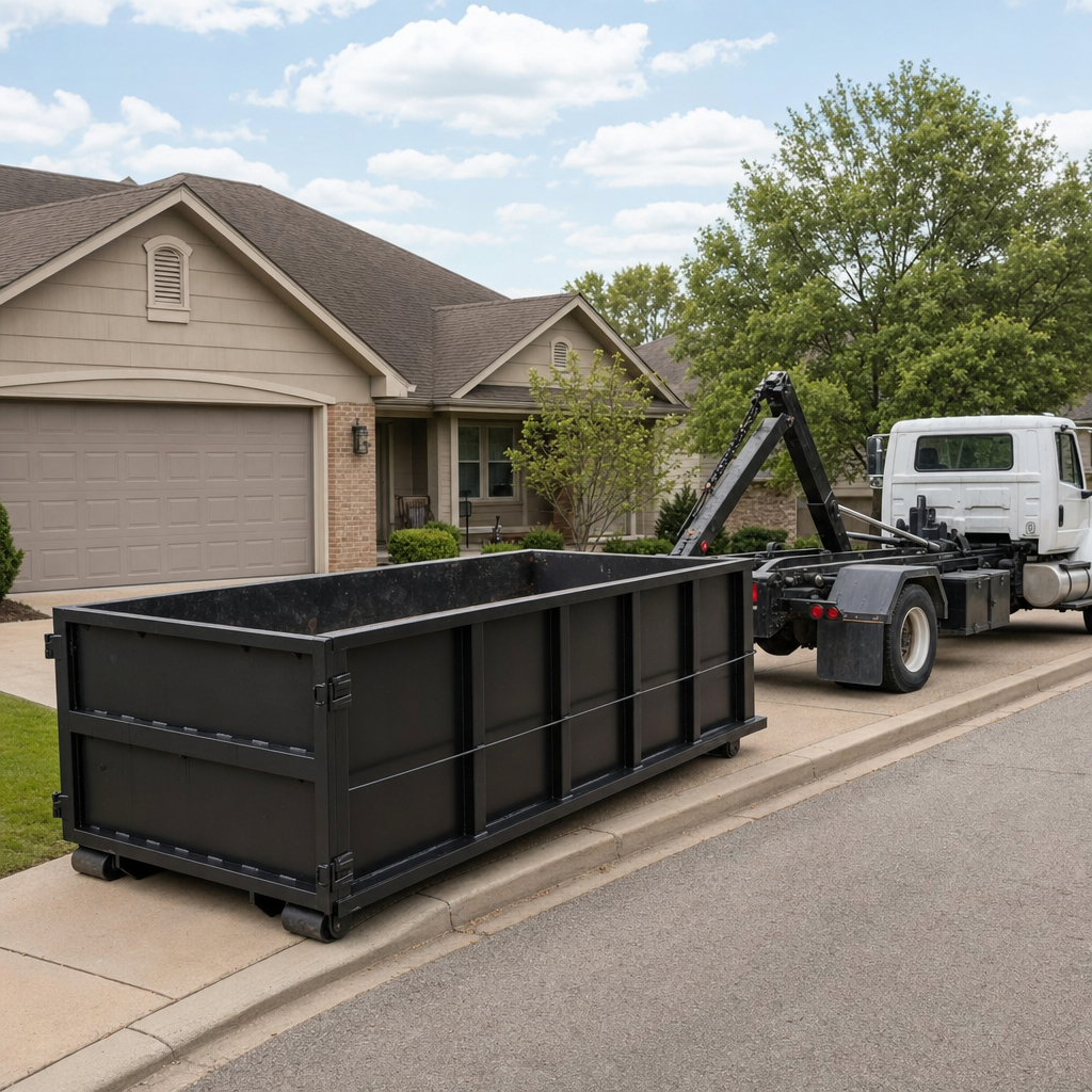 Wide documentary shot of a matte-black roll-off dumpster on a Escondido residential driveway in the foreground and a contractor jobsite container in the soft-focus background, bright daylight, calm and orderly composition.